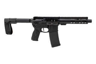 The S&W M&P15 5.56 NATO AR Pistol comes with an A2 style flash hider, a 7.5” barrel, as well as an upgraded pistol grip.